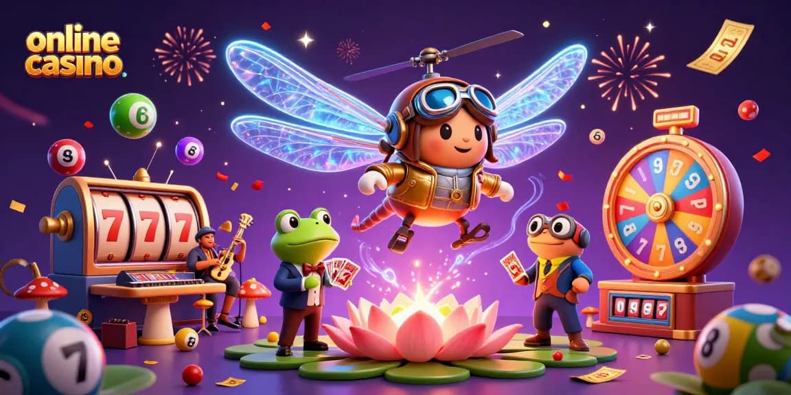 Experience the excitement of an online casino with a 3D dragonfly pilot, frog croupier, and lively jazz musicians.