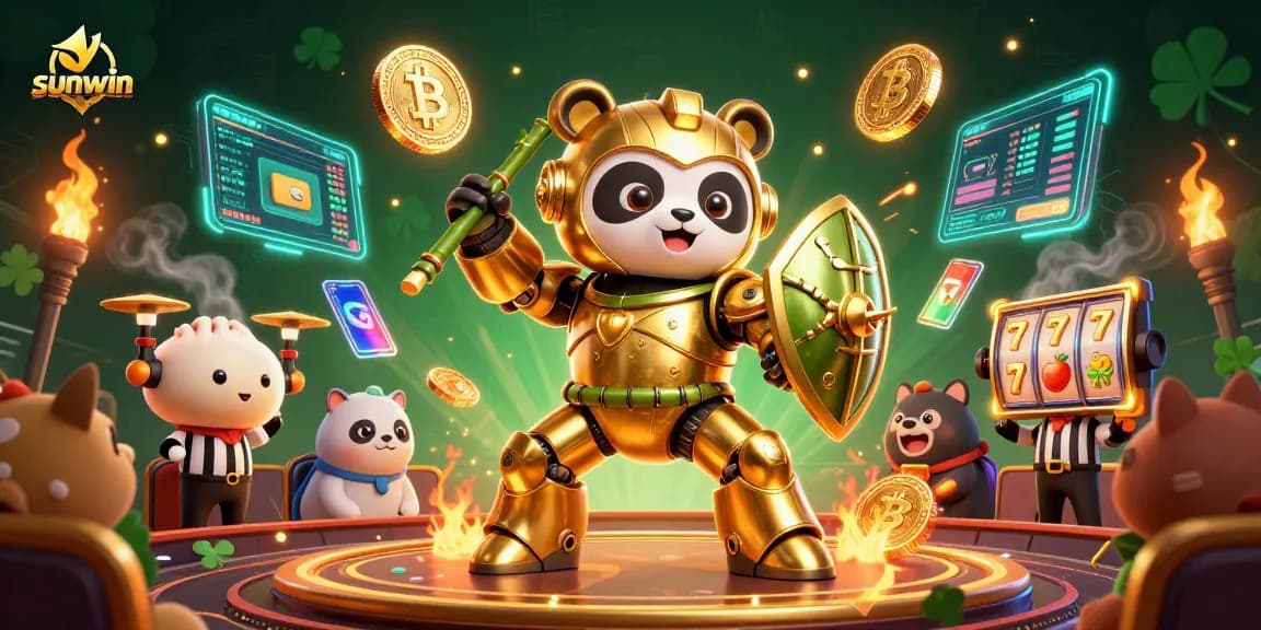 Experience the thrill of play at sunwin with a vibrant digital casino showdown featuring cartoon mech robots and crypto coins.