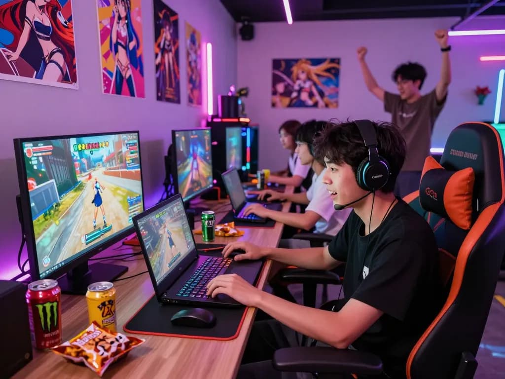 Exciting scene of a gamer enjoying a hentai game in a vibrant gaming lounge.