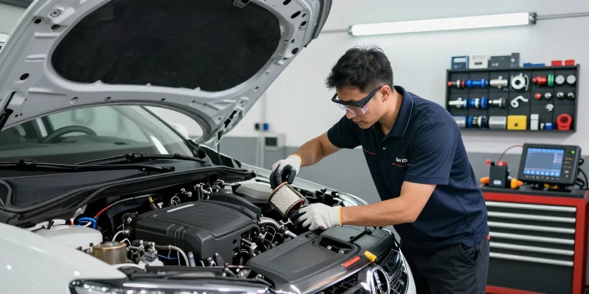 DPF Reinigung Laatzen durch Fachtechniker in einer modernen Kfz-Werkstatt.