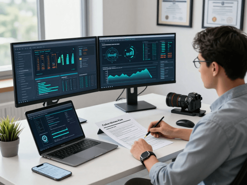 Daten- und IT-Sicherheitsdienstleistung im modernen Büro, IT-Sicherheitsprofi analysiert Bedrohungen mit mehreren Bildschirmen.