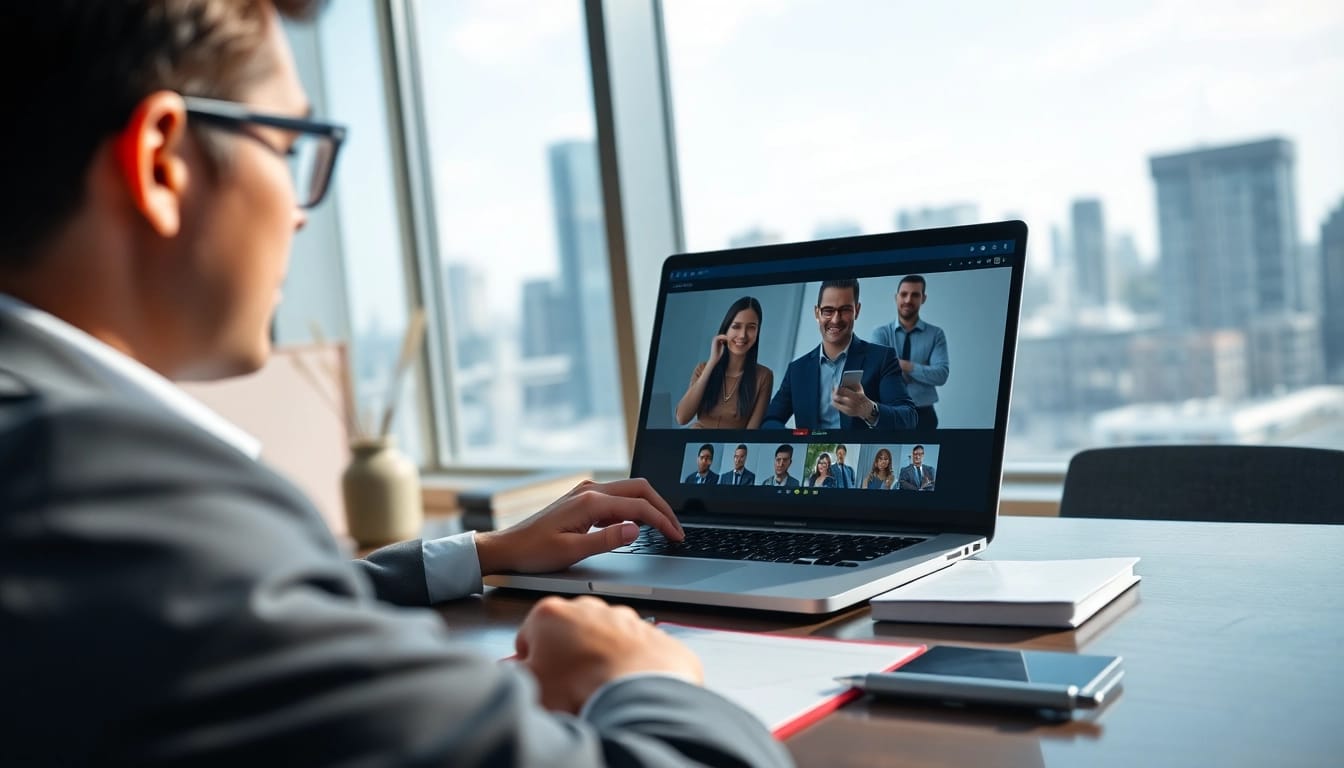 Headhunter IT engaged in a professional video call in a modern office setting.