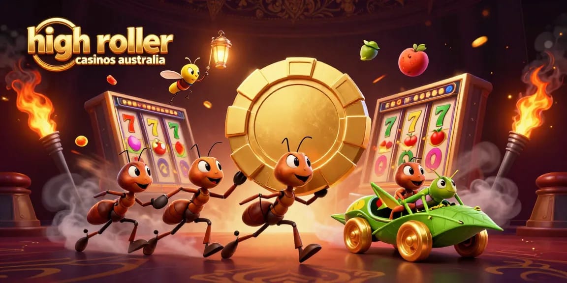 High roller casinos Australia illustration of ants carrying a giant poker chip amid colorful slot elements.