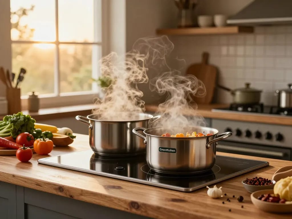 Verwendung des besten Induktionstopfs zum Kochen köstlicher Gerichte mit GreenKitchen Kochgeschirr in einer gemütlichen Küchenszene.