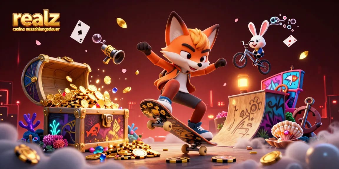 Eine lebendige Illustration, die die realz casino auszahlungsdauer mit einem Skateboarder-Fuchs und BMX-Radfahrer zeigt.