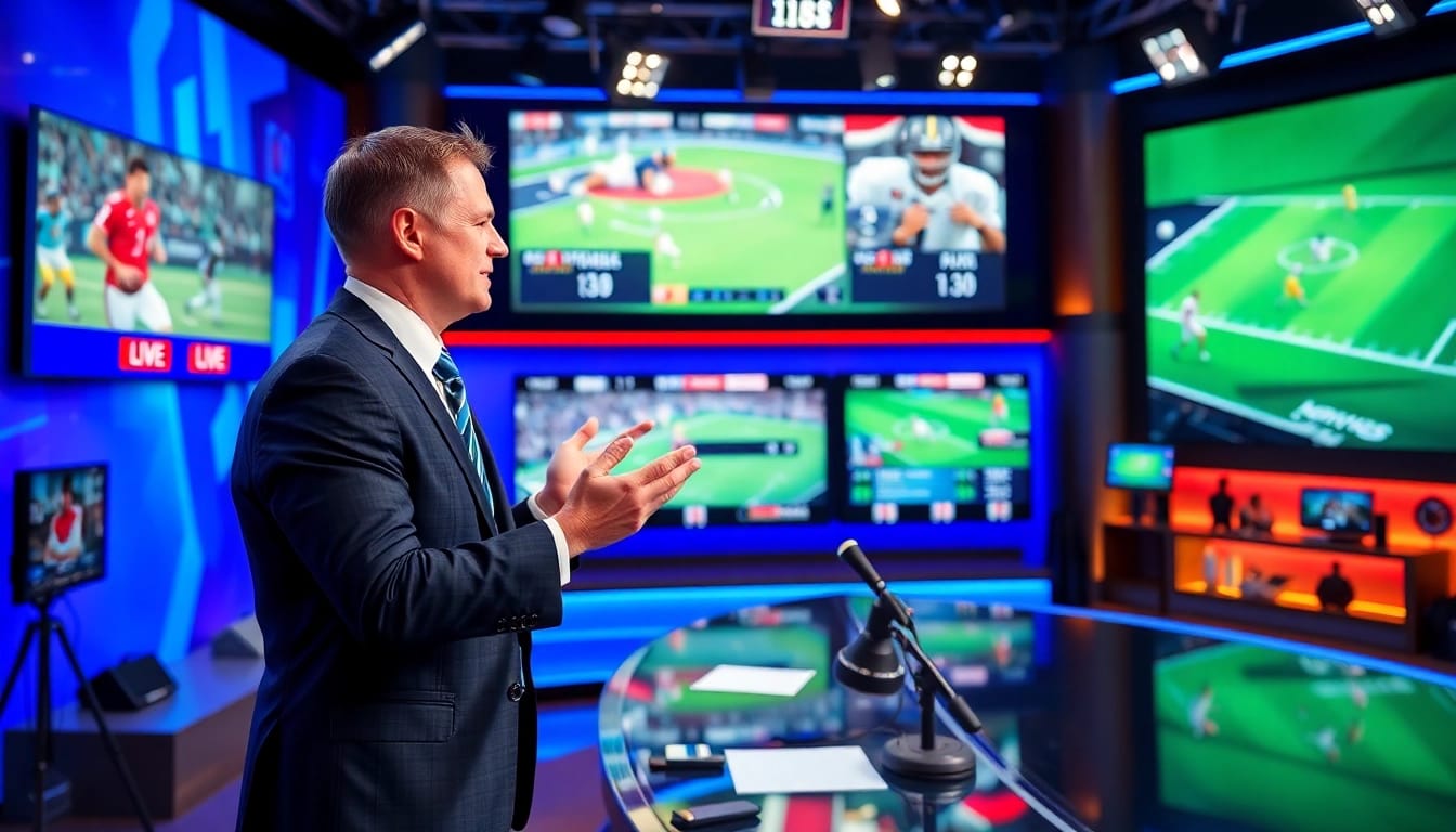 Sports Broadcasting scene with an energetic anchor presenting live, showcasing vibrant engagement and professionalism.