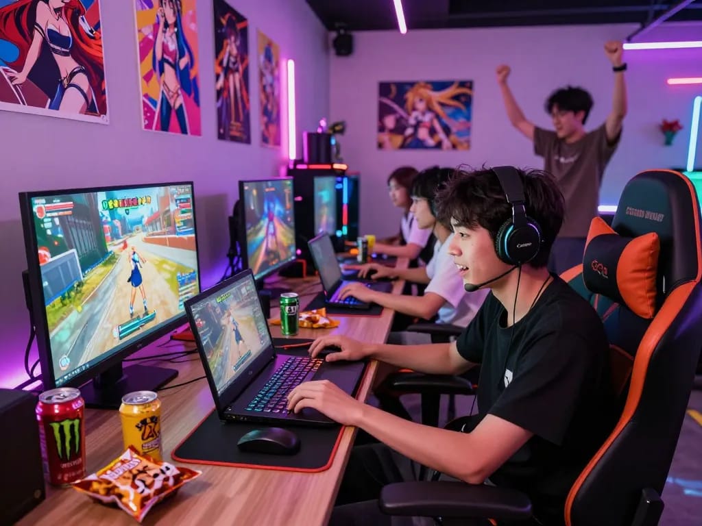 Exciting scene of a gamer enjoying a hentai game in a vibrant gaming lounge.