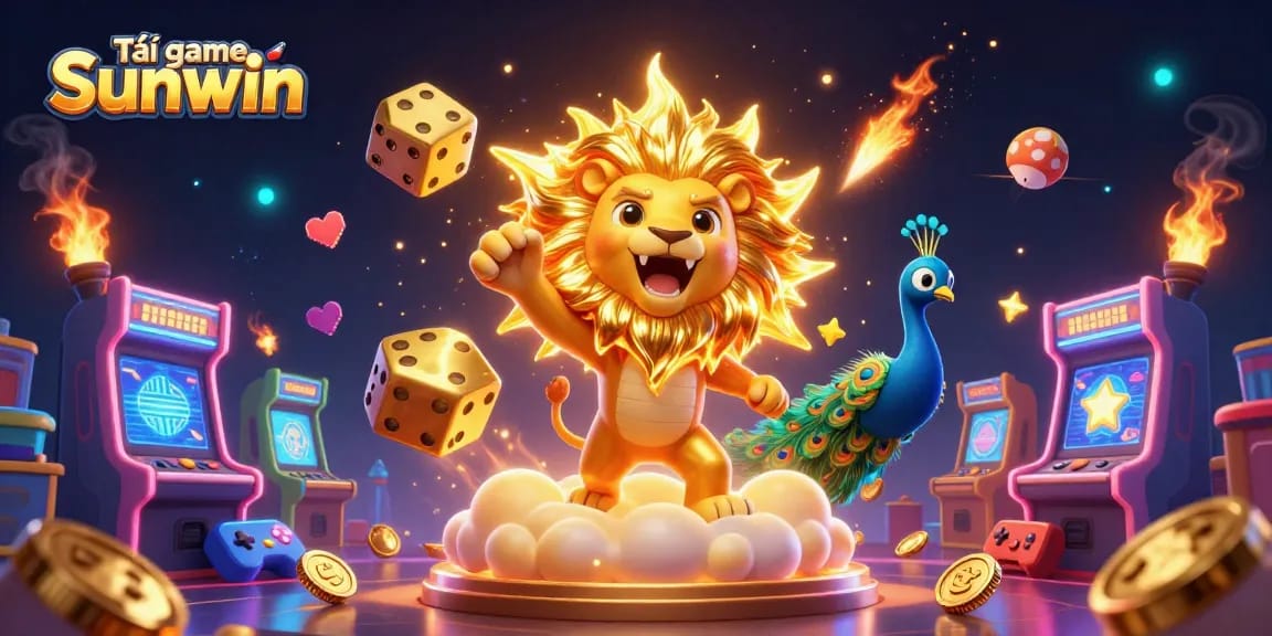 Tải game Sunwin with a vibrant 3D illustration highlighting a sun lion amidst dynamic game elements.