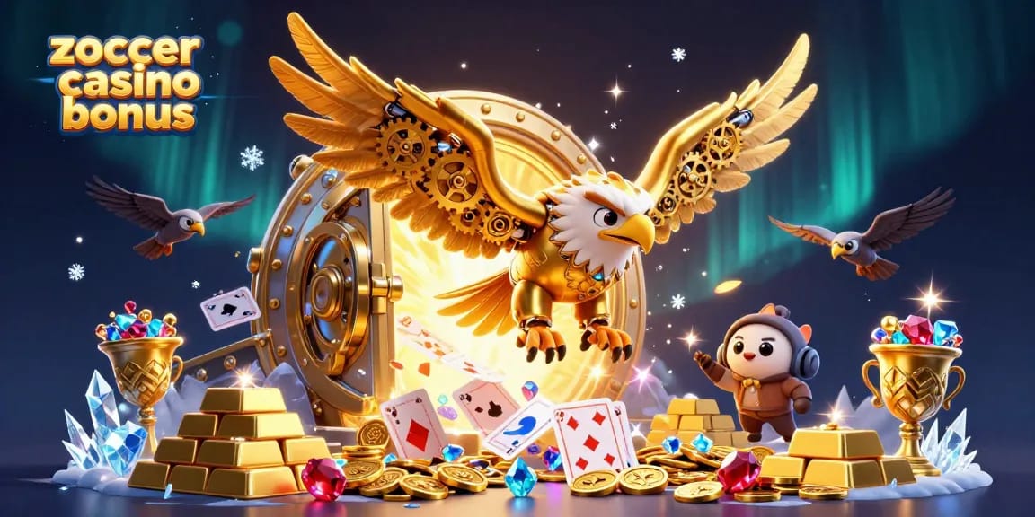 Experience the zoccer casino bonus with a dynamic 3D illustration featuring an eagle among glowing treasures and casino elements.