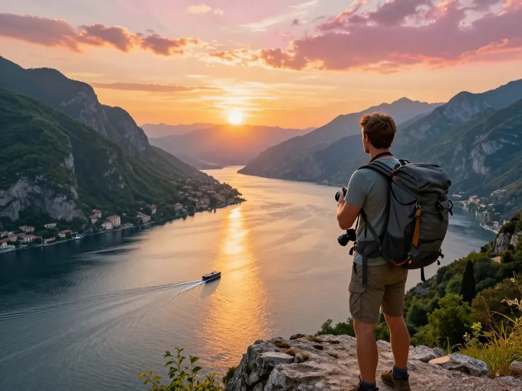 Wunderschöne Landschaft des Gardasees, festgehalten während der goldenen Stunde, die Gardasee Reisetipps für Reisende zeigt.