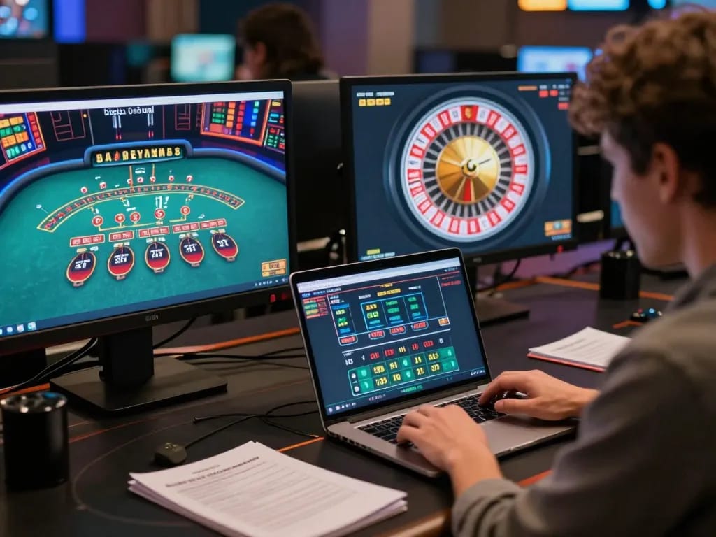 Player analyzing odds with a Plagiat Scanner on multiple screens during online gambling.