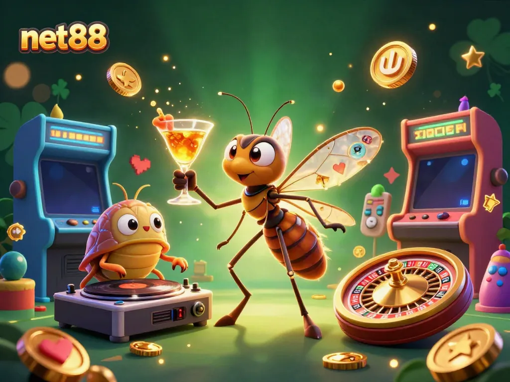 Engage with net88's vibrant casino scene featuring energetic characters and gaming elements.