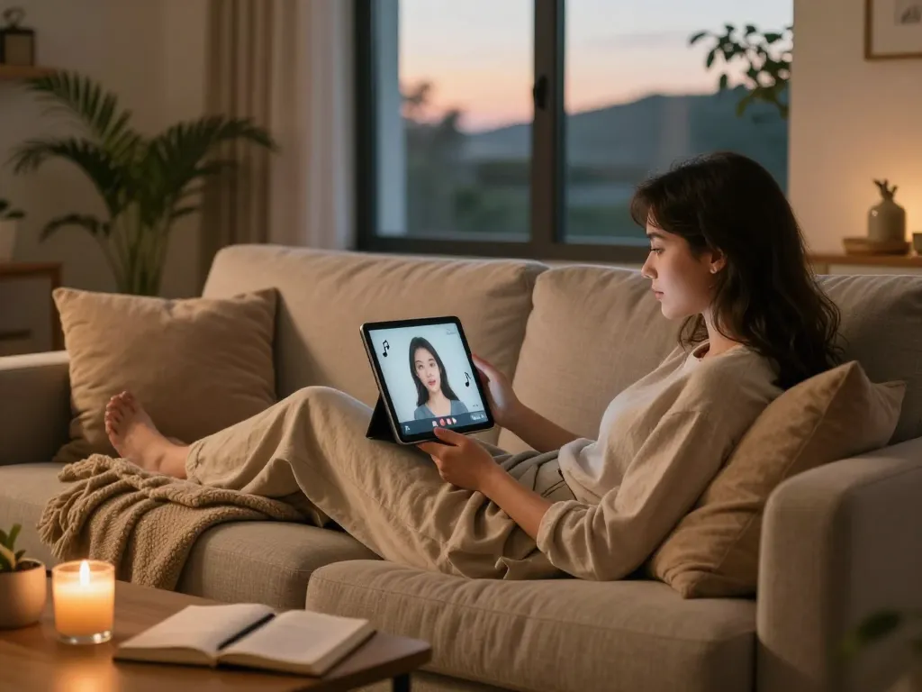 Engaging conversation with girlfriend AI in a cozy living room setting.