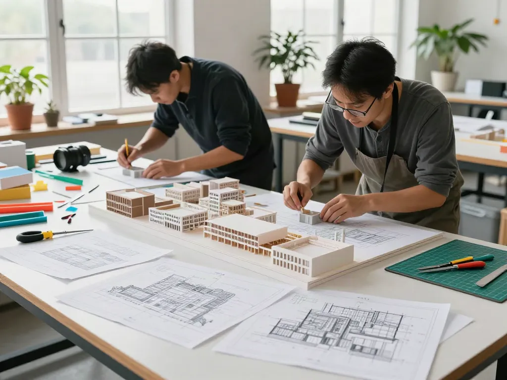 Architekturmodellbau Österreich: Handwerkliche Fertigung von Stadtmodellen in heller Werkstatt.