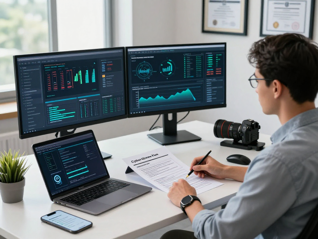 Daten- und IT-Sicherheitsdienstleistung im modernen Büro, IT-Sicherheitsprofi analysiert Bedrohungen mit mehreren Bildschirmen.