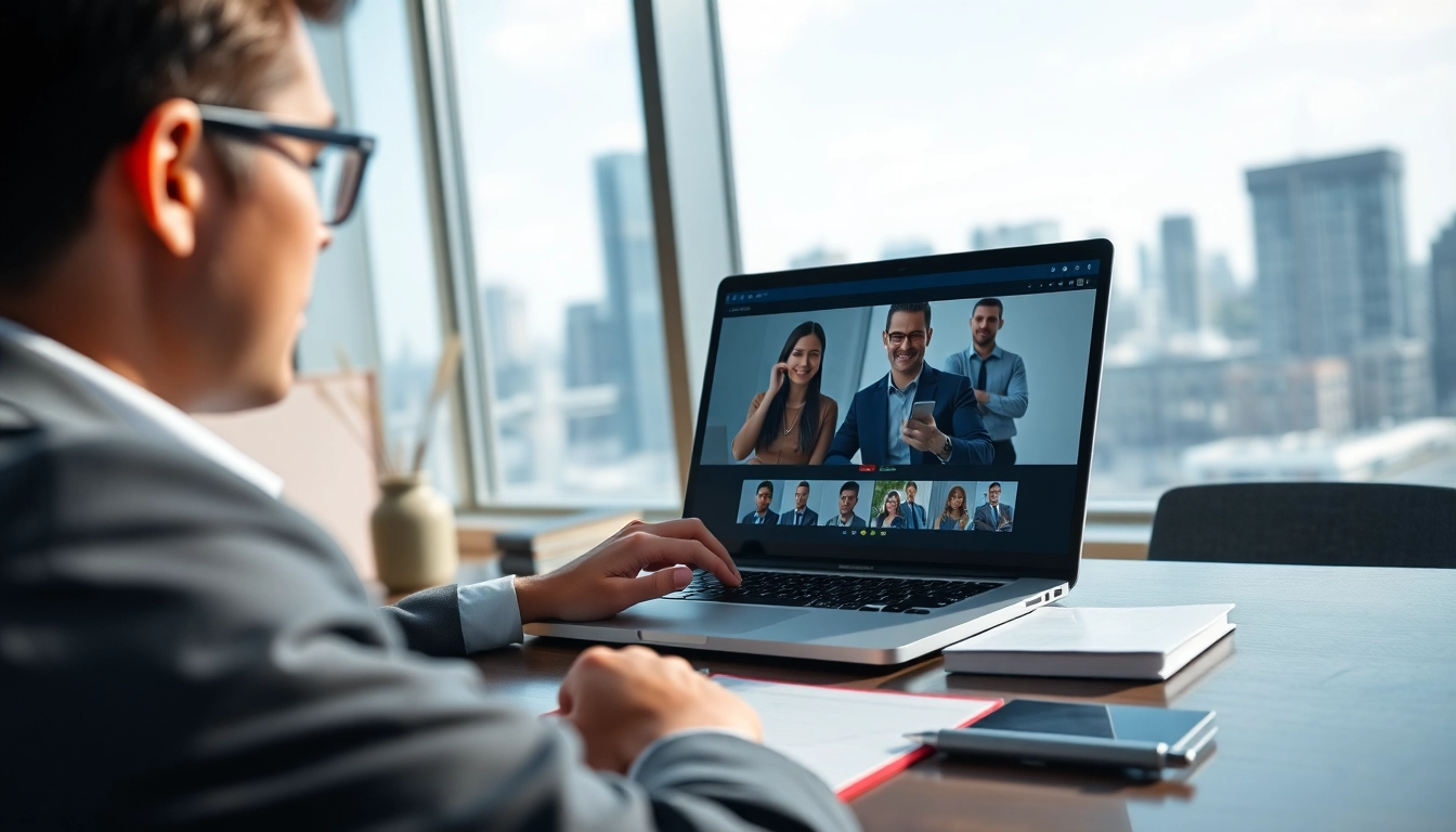 Headhunter IT engaged in a professional video call in a modern office setting.