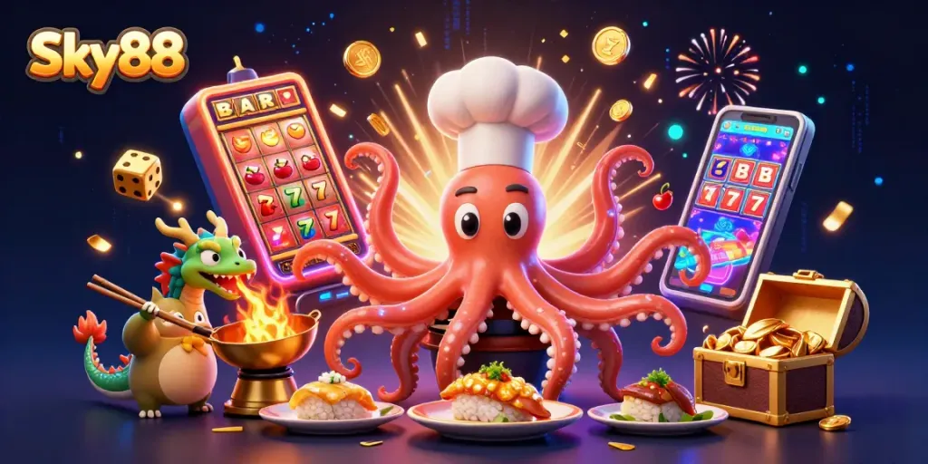 Engage in thrilling gameplay at Sky88 with vibrant 3D casino imagery showcasing dynamic characters and game elements.