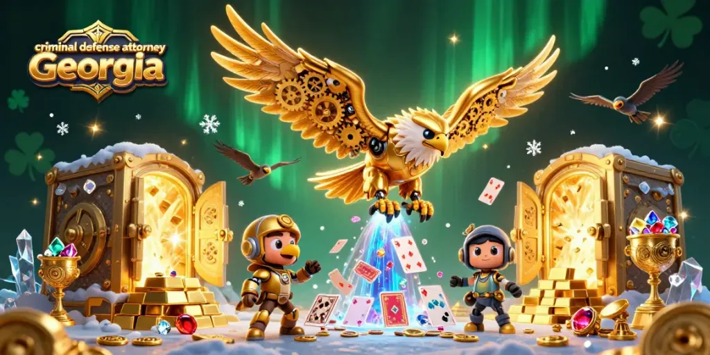 Engaging scene with a cybernetic eagle symbolizing a criminal defense attorney Georgia amidst golden treasures and casino elements.