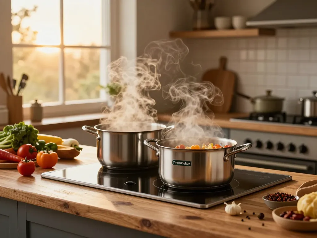 Verwendung des besten Induktionstopfs zum Kochen köstlicher Gerichte mit GreenKitchen Kochgeschirr in einer gemütlichen Küchenszene.