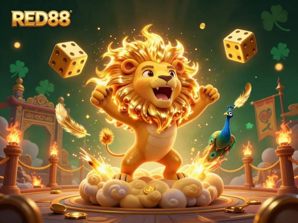 Experience the excitement of RED88 with a roaring lion and dazzling golden dice in a vibrant gaming scene.
