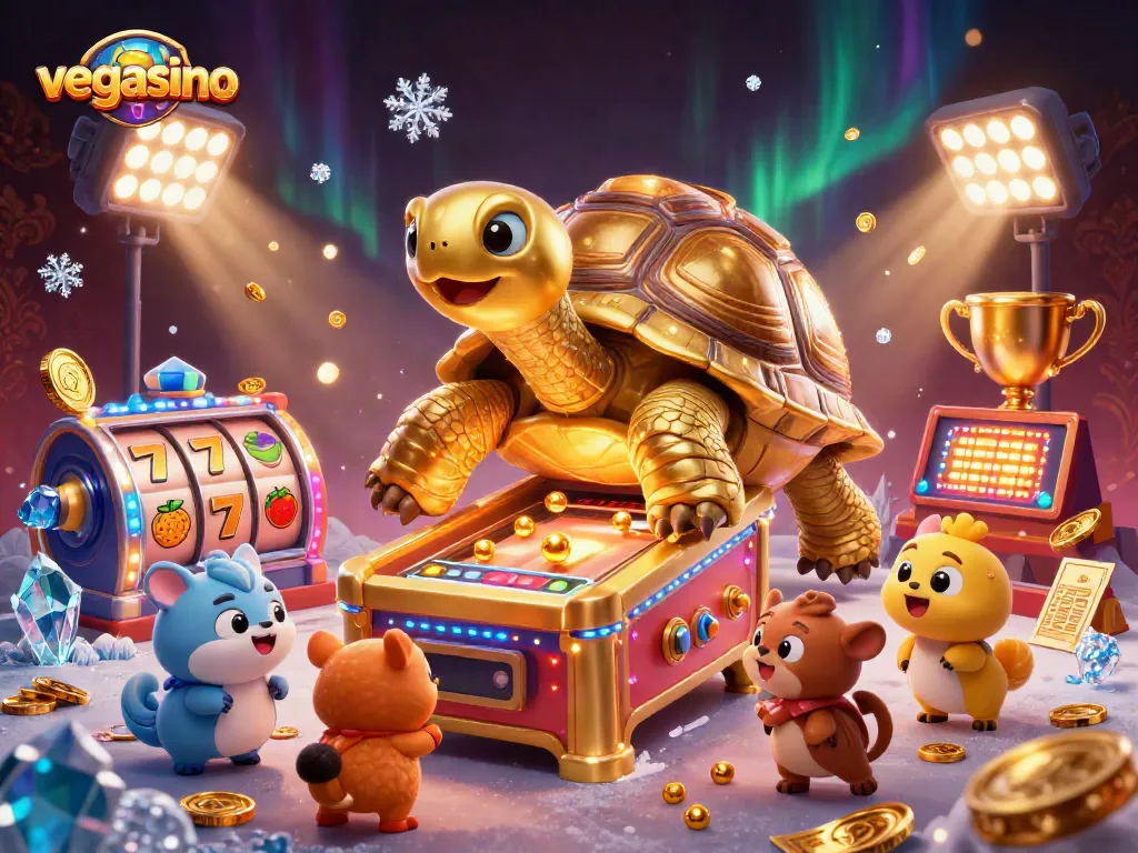 Experience thrilling games at vegasino, featuring vibrant slot machines and a golden tortoise character.