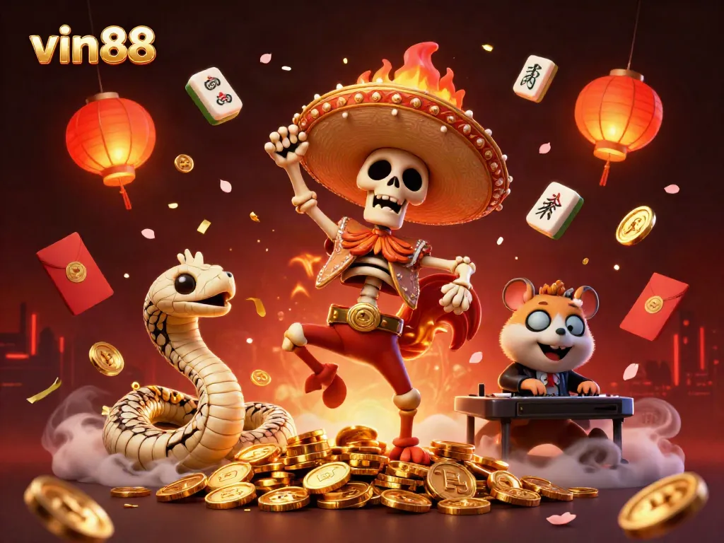 Experience vin88 excitement with a lively 3D celebration featuring unique characters and casino elements.