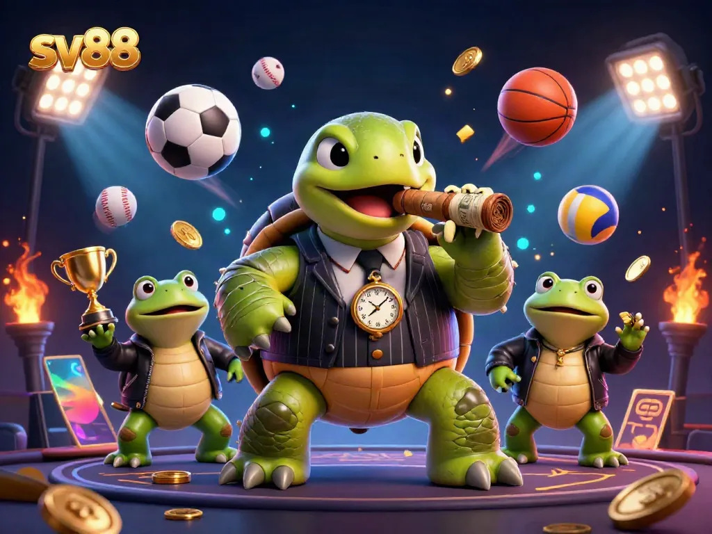Engage in exciting sports betting with sv88 in a vibrant casino scene featuring a snapping turtle and bullfrogs.