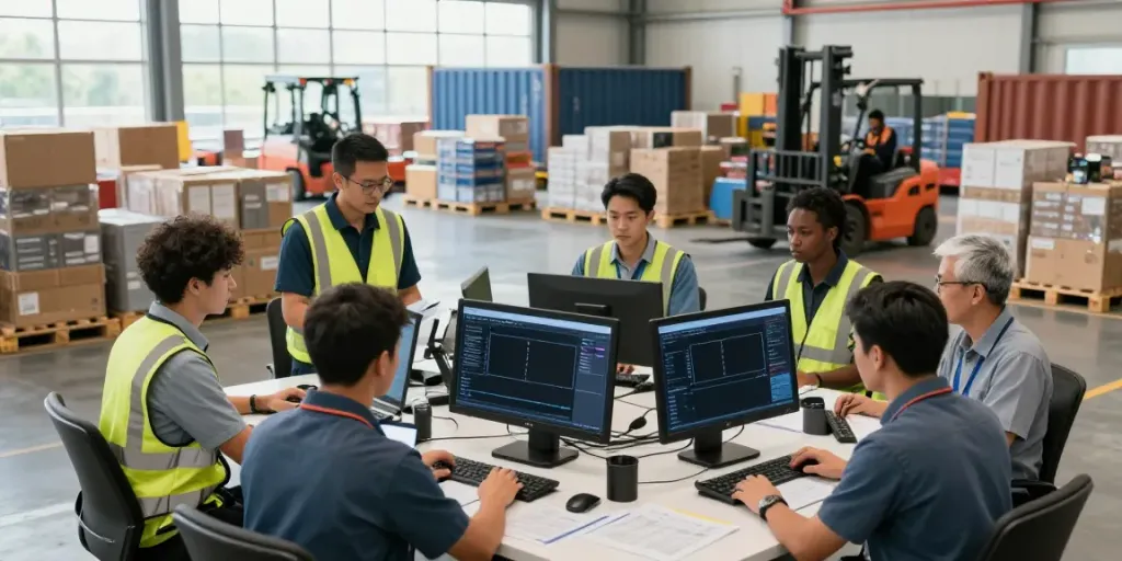 OCARGO Bielefeld Logistikteam bei der Planung internationaler Transportlösungen in einem modernen Lager.