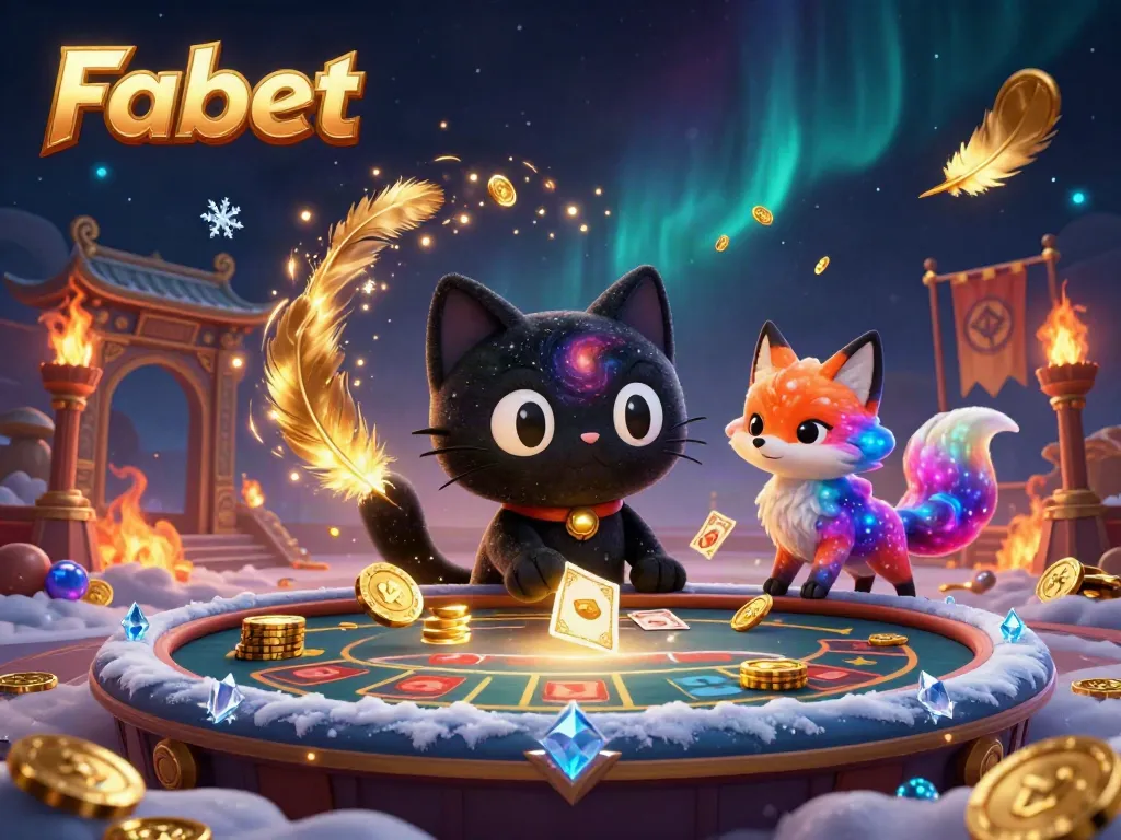 Experience the thrilling world of Fabet where a cosmic black hole cat and nebula fox engage in vibrant casino play.