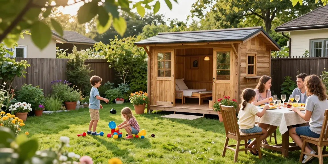 Familie genießt die Zeit im Garten rund um ein stilvolles Garten Haus mit bunten Blumen und Sonnenschein.