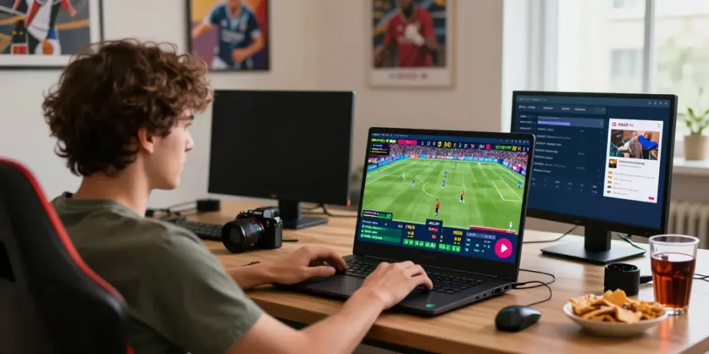 Engaged user on https://sv88.cyou/ betting on live sports with a vibrant gaming setup.