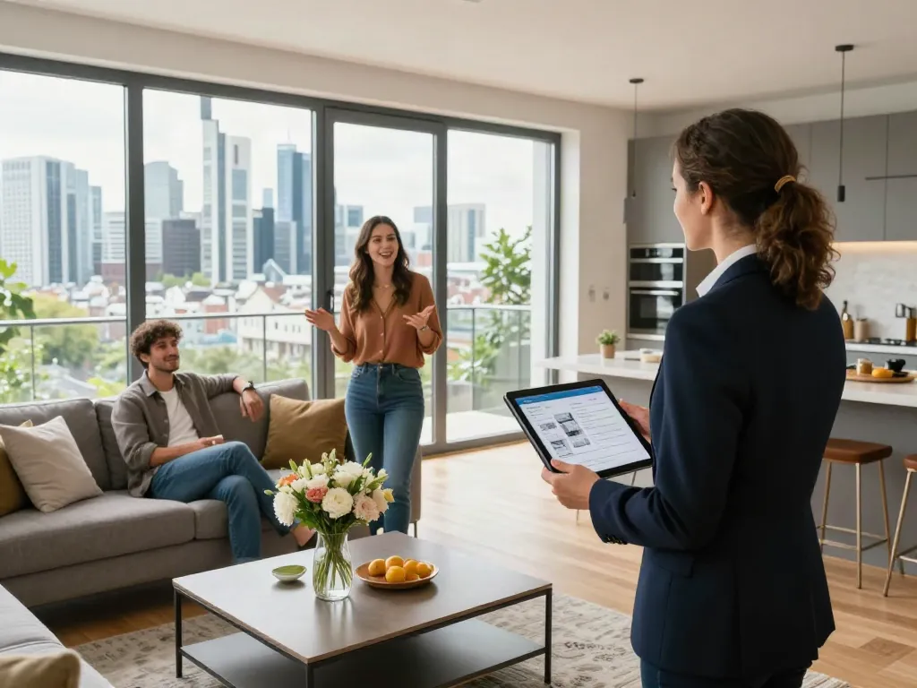 Bester Immobilienmakler Frankfurt zeigt eine moderne Wohnung in Frankfurt während einer Besichtigung.