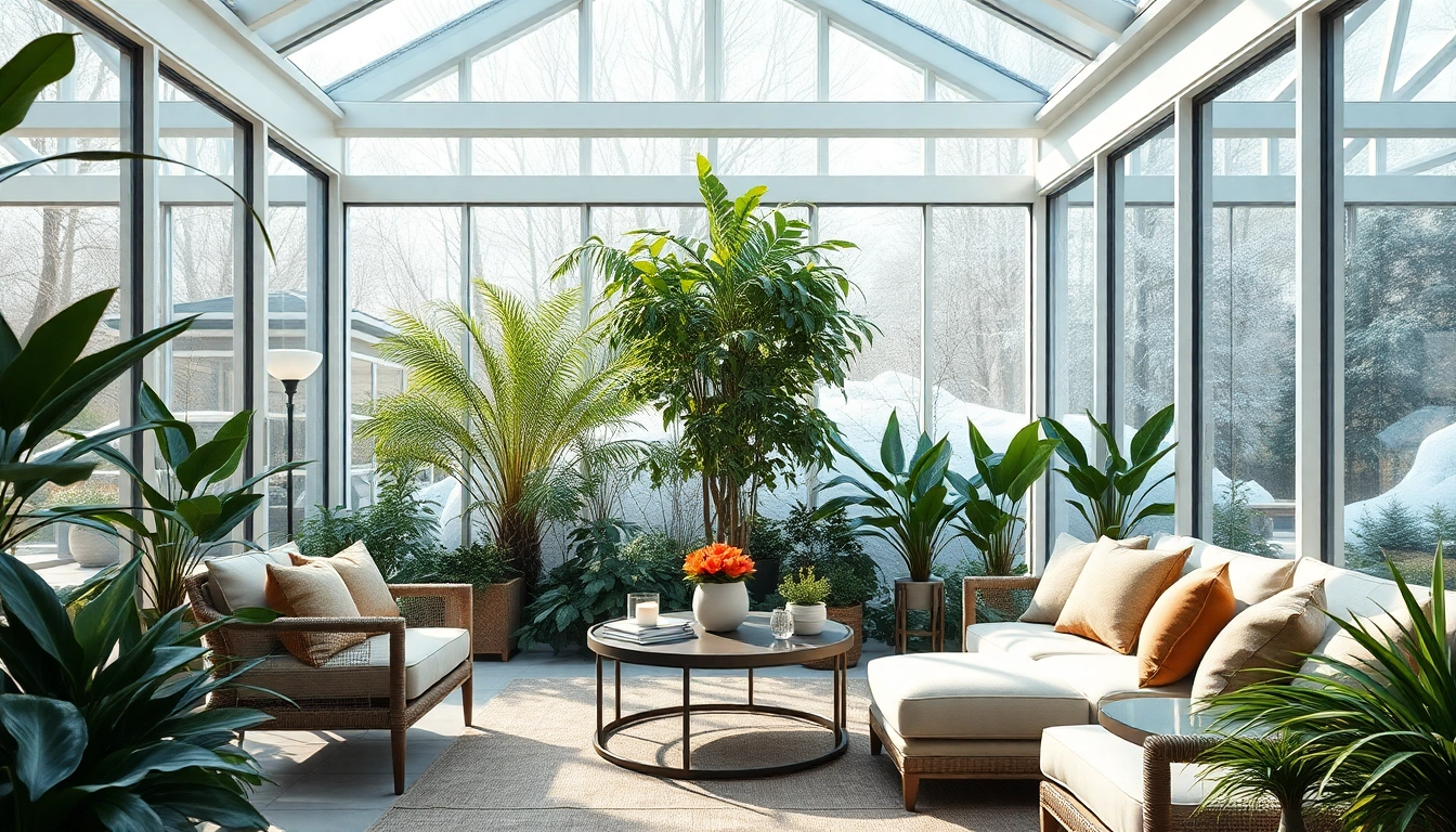 Wintergarten mit eleganten Glaswaenden und ueppigem Pflanzenwuchs schafft eine ruhige Oase.