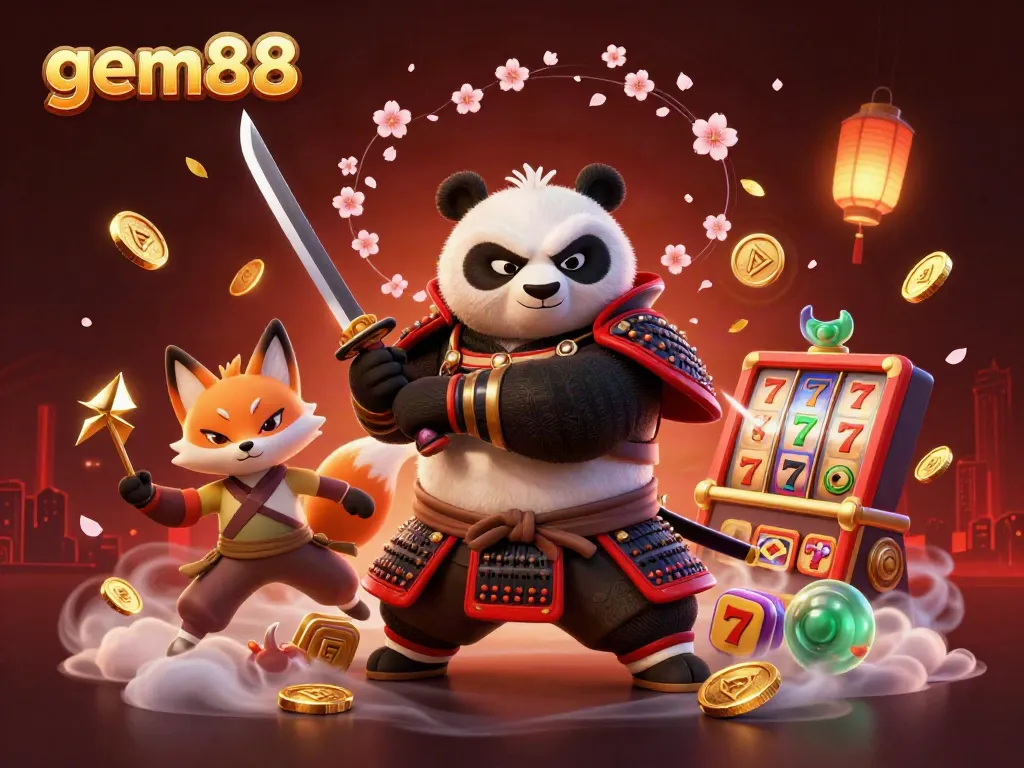 Experience the thrill of gem88 with a dynamic 3D gaming scene featuring samurai panda, ninja fox, and magical tanuki.