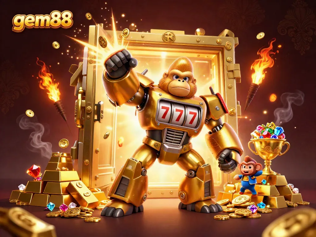 Experience the dynamic energy of gem88 with a mech gorilla and treasure elements in a vibrant casino scene.