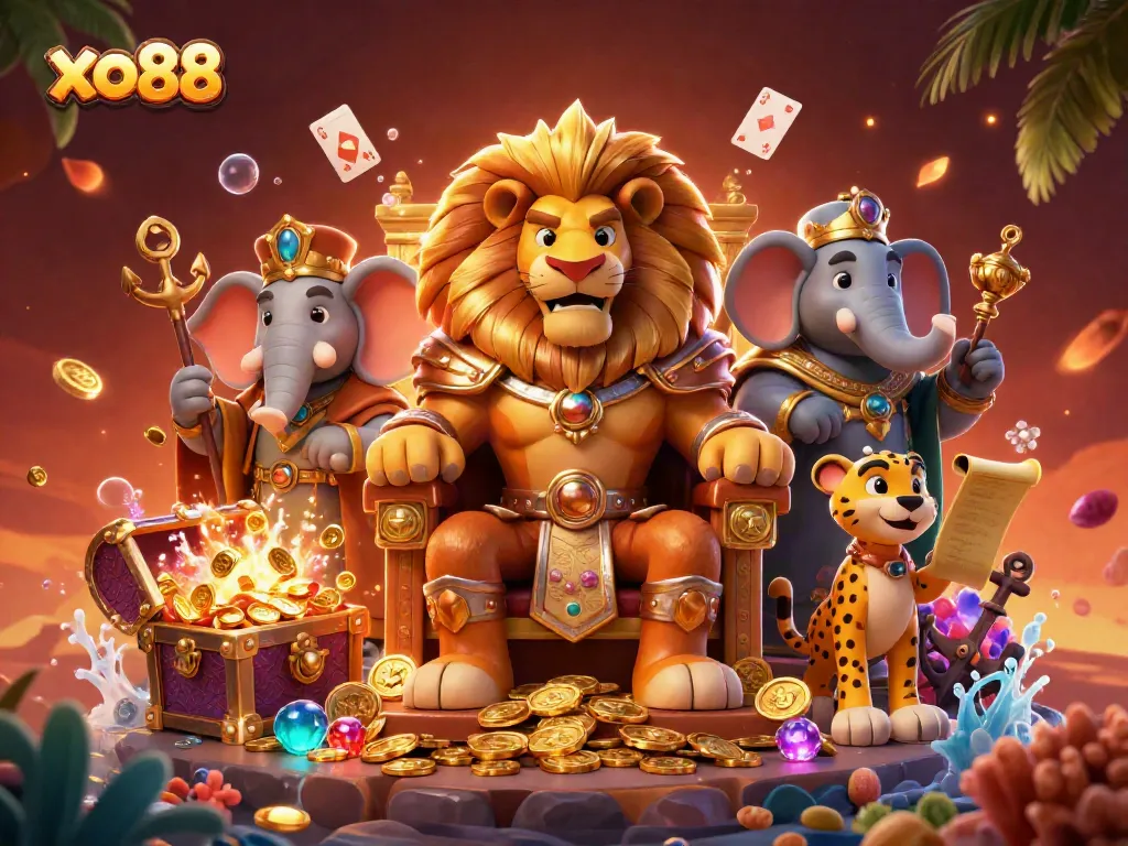 Experience the thrill of gameplay at xo88 with a dynamic 3D casino scene featuring a lion king, elephant advisor, and cheetah messenger.