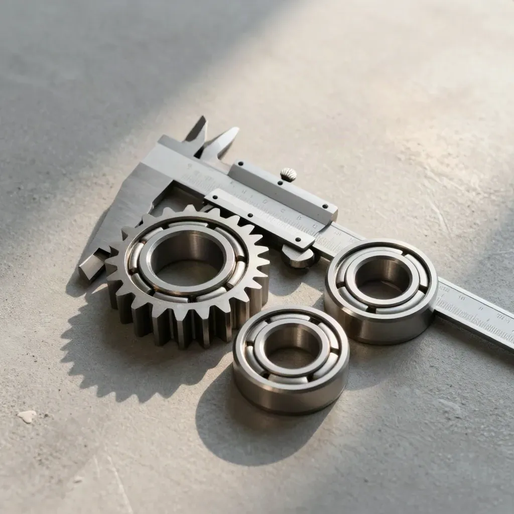 Industrie-Stillleben mit Zahnradrohling, Präzisionsmessschieber und drei Lagerringen auf Beton.
