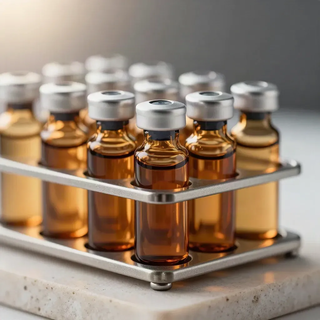 Amberfarbene Laborvials im Edelstahlrack auf hellem Stein, sehr nah fotografiert.