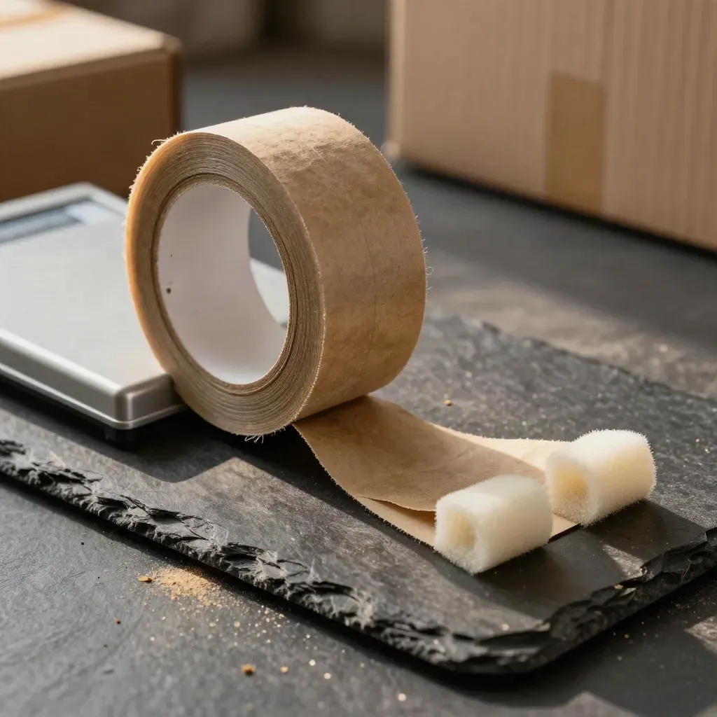 Paketwaage, Klebebandrolle und Schaumkanten auf dunklem Schiefer mit Papierstaub.