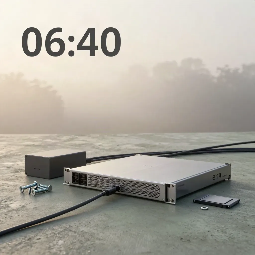 Serverblade mit Kabeln, UPS und SSD auf kühlem Beton im Morgennebel.