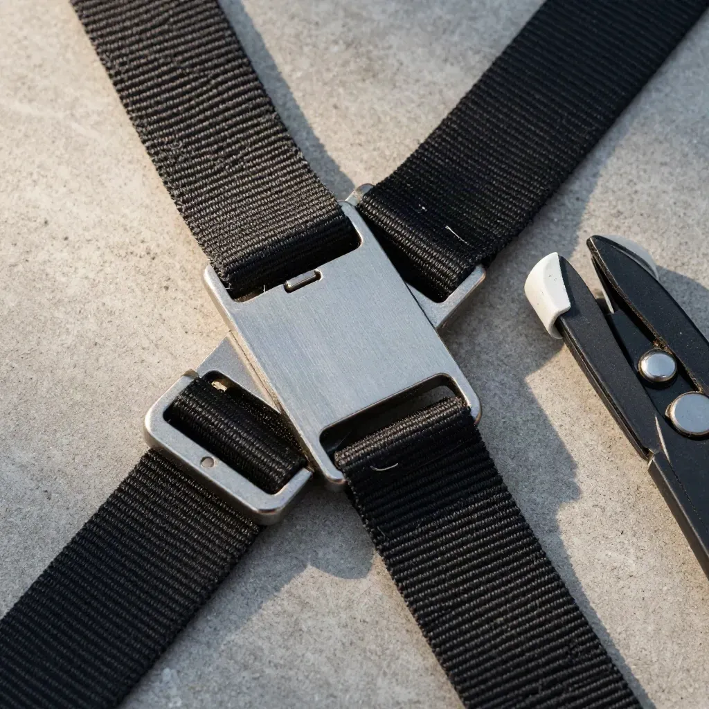 Ratchet-Gurt, Palettenschoner und Cutter auf hellem Beton in staubiger Lager-Ästhetik.