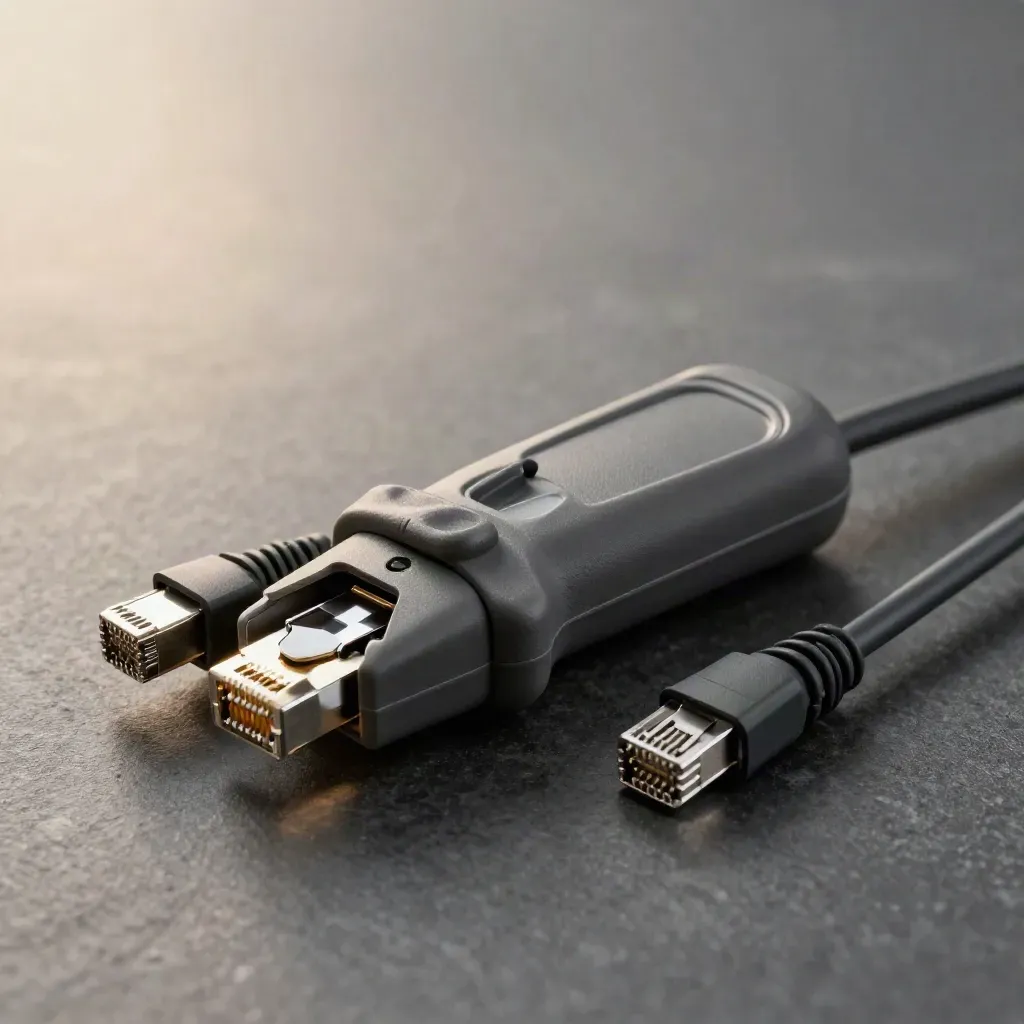 Ethernet-Kabeltester neben zwei RJ45-Steckern auf dunklem Stein, makro und präzise