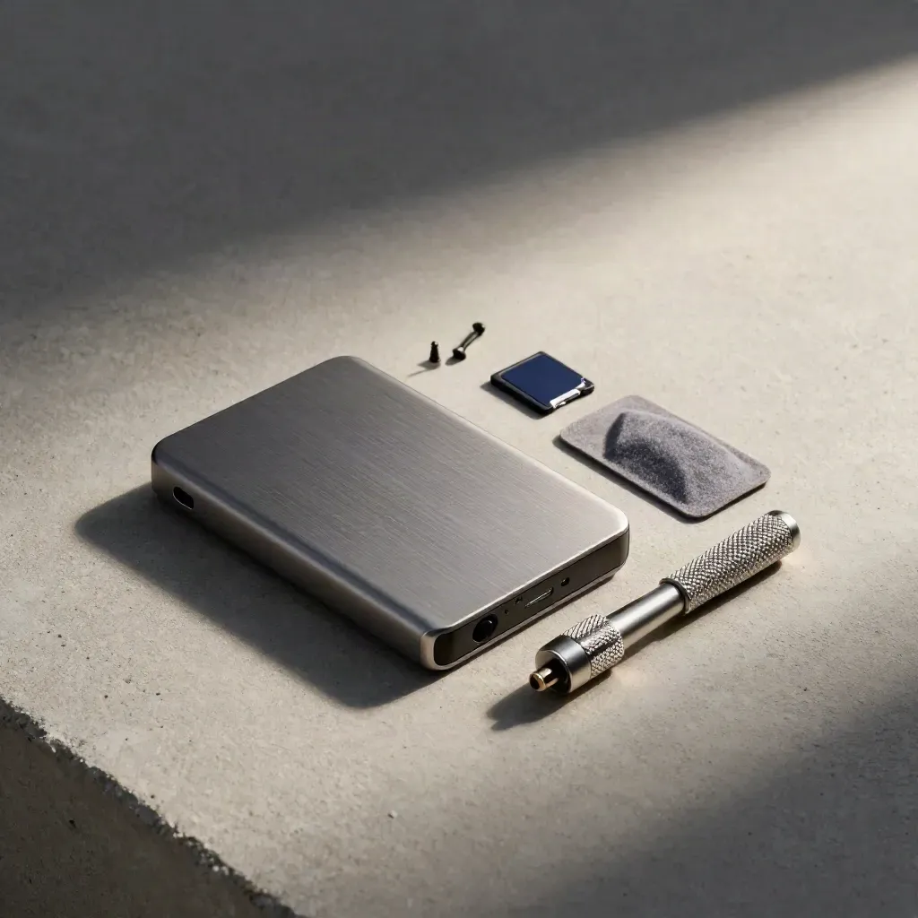 Externe SSD, MicroSD-Karte und Torx-Schraubendreher auf grauem Stein, dramatisch von oben.