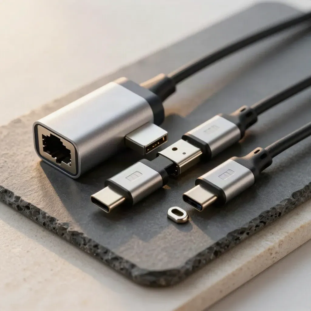 USB-C-Adapter, RJ45-Kuppler und Präzisions-Bridge auf dunklem Stein im Makro