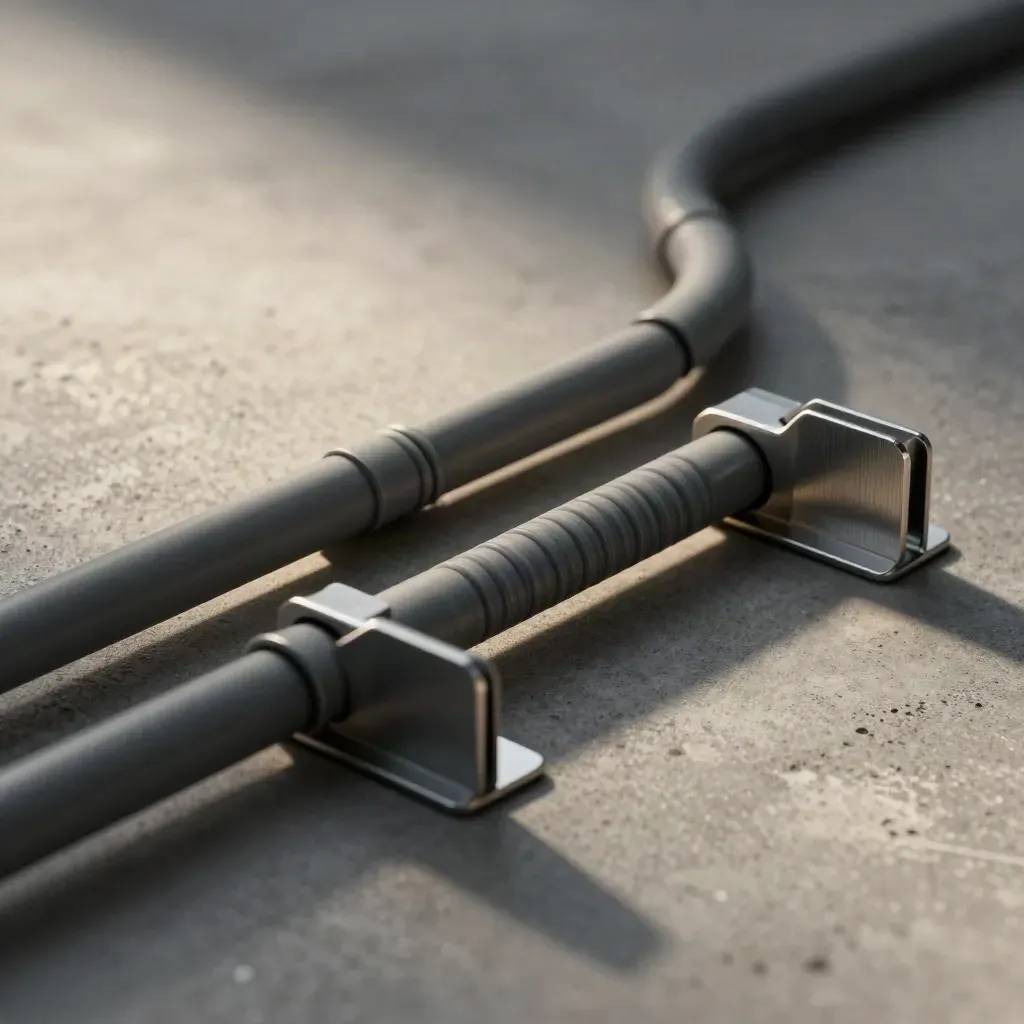 Routing-Clips und Wellrohr auf grauem Stein mit dramatischem Licht.