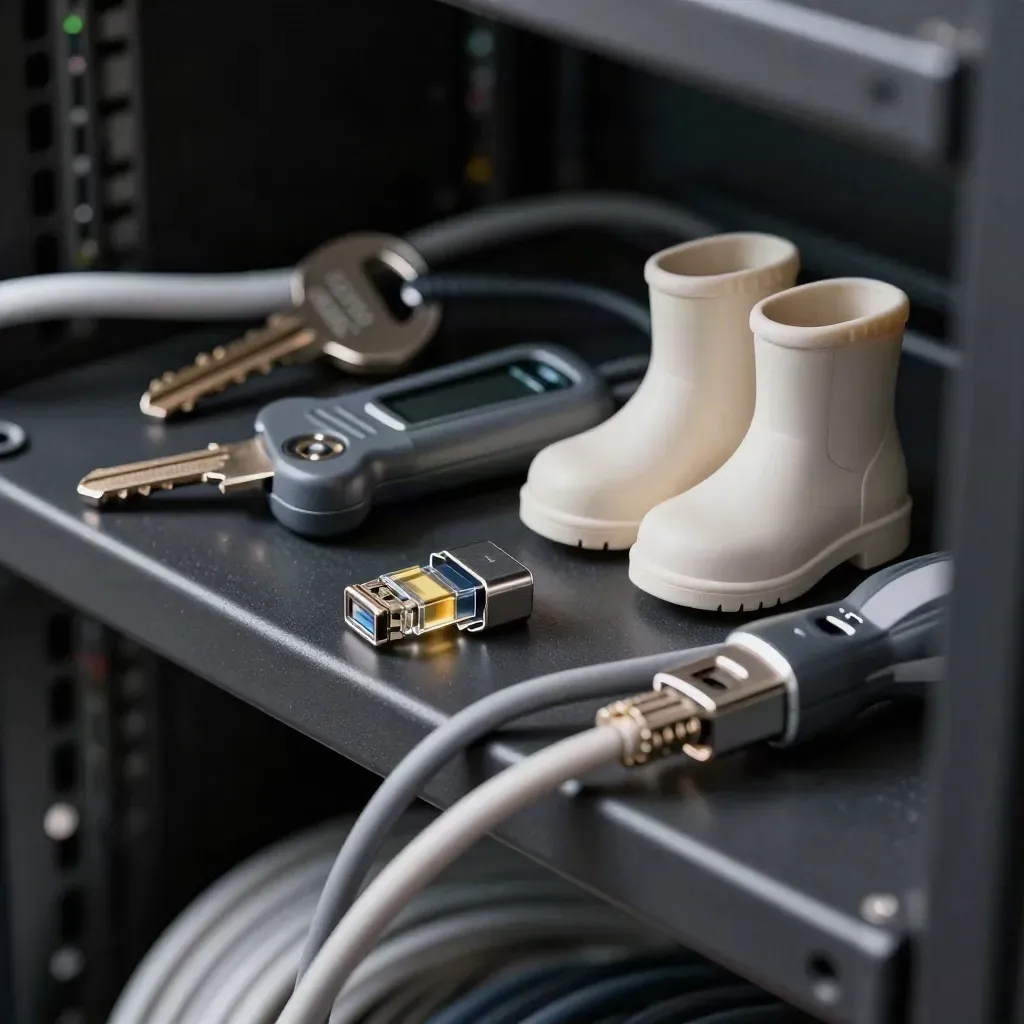 Rackschlüssel, Kabeltester, Patchkabel und Schraubendreher-Kit im Serverraum, Nahaufnahme.