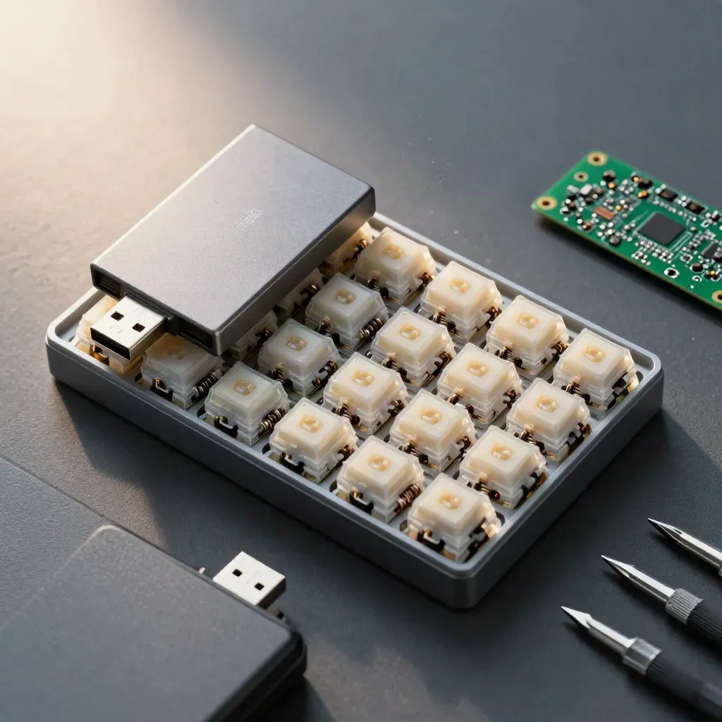 Makro von Tastaturschaltern, SSD, Platine und Schrauberbits auf dunklem Untergrund.