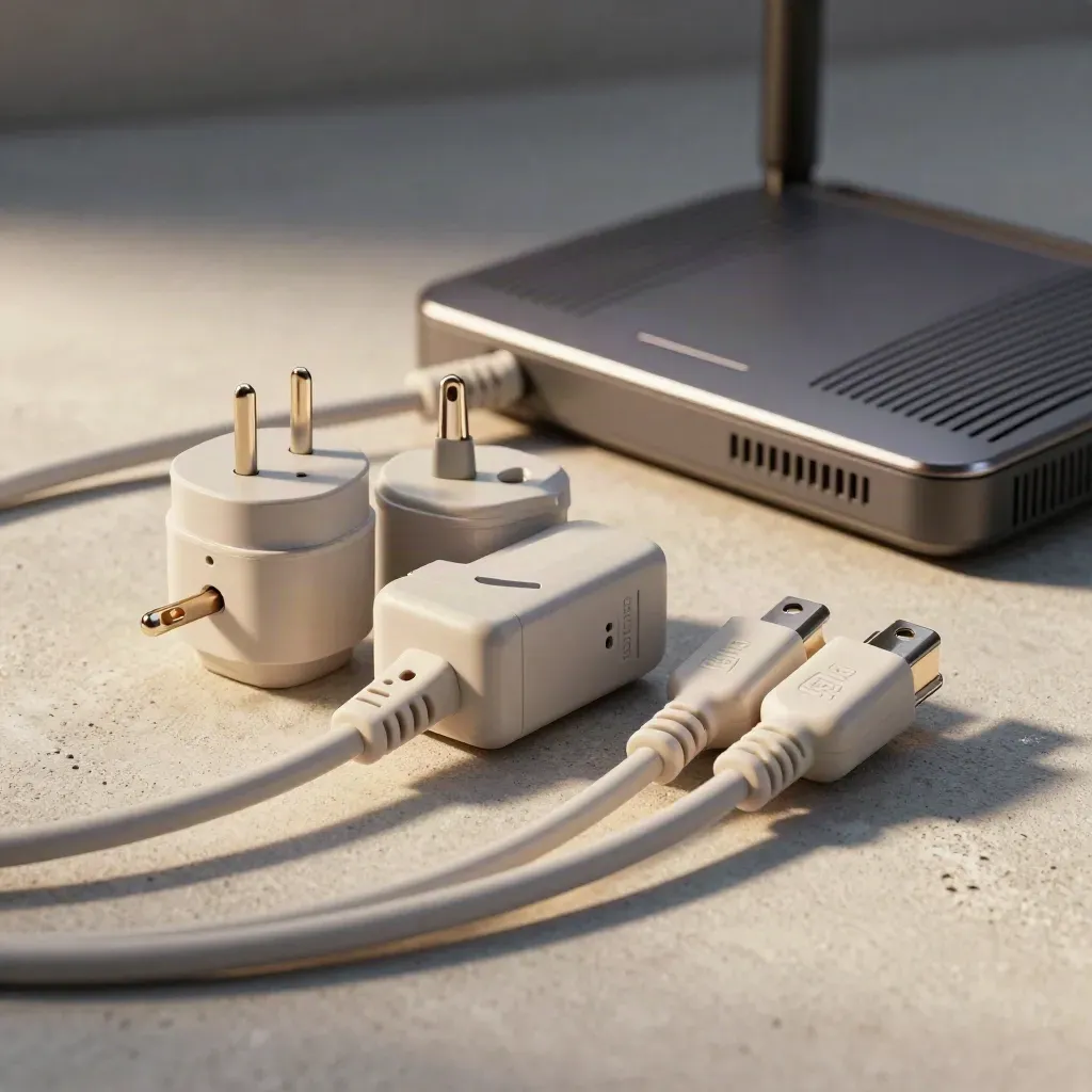 Drei Länderadapter, Router und Patchkabel auf hellem Beton im dramatischen Studiolicht.