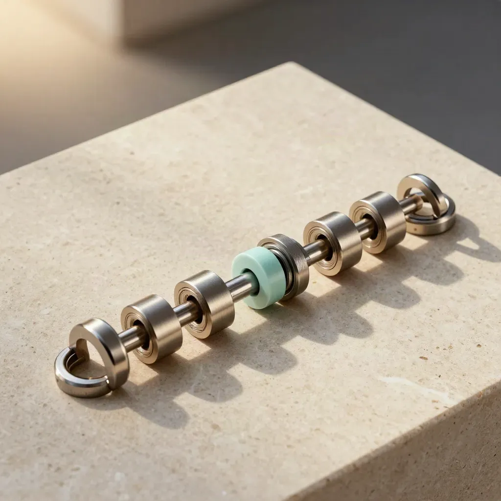 Makro auf modulare Steckverbinder, Ringe und Abstandspins auf Travertin.