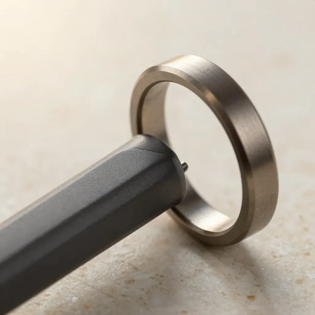 Makro von ineinandergreifenden Metallringen und einem kompakten Verbinder auf hellem Stein.